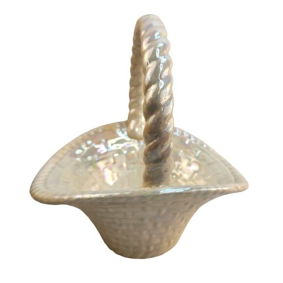 White Iridescent Ceramic Basket With Braided Handle Vintage Handmade - Picture 2 of 10